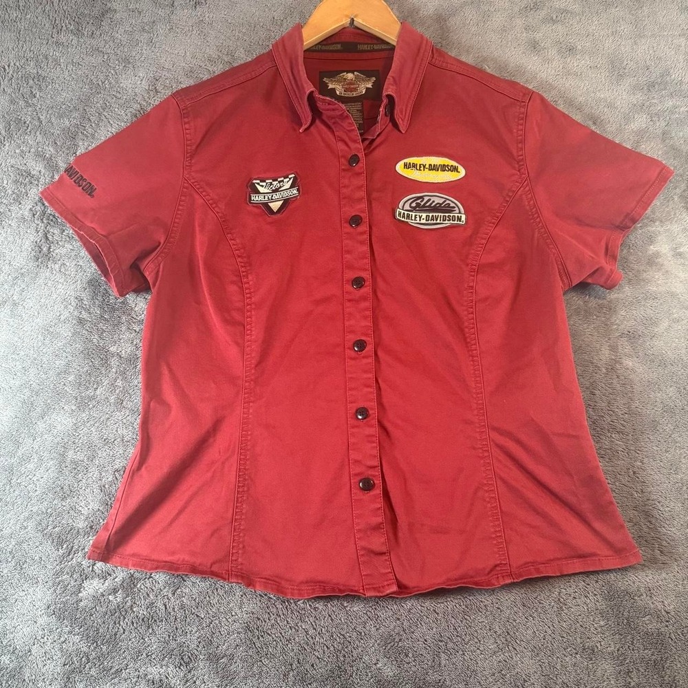 Vintage Y2K Harley Davidson Mechanic Shop Shirt Patches Red